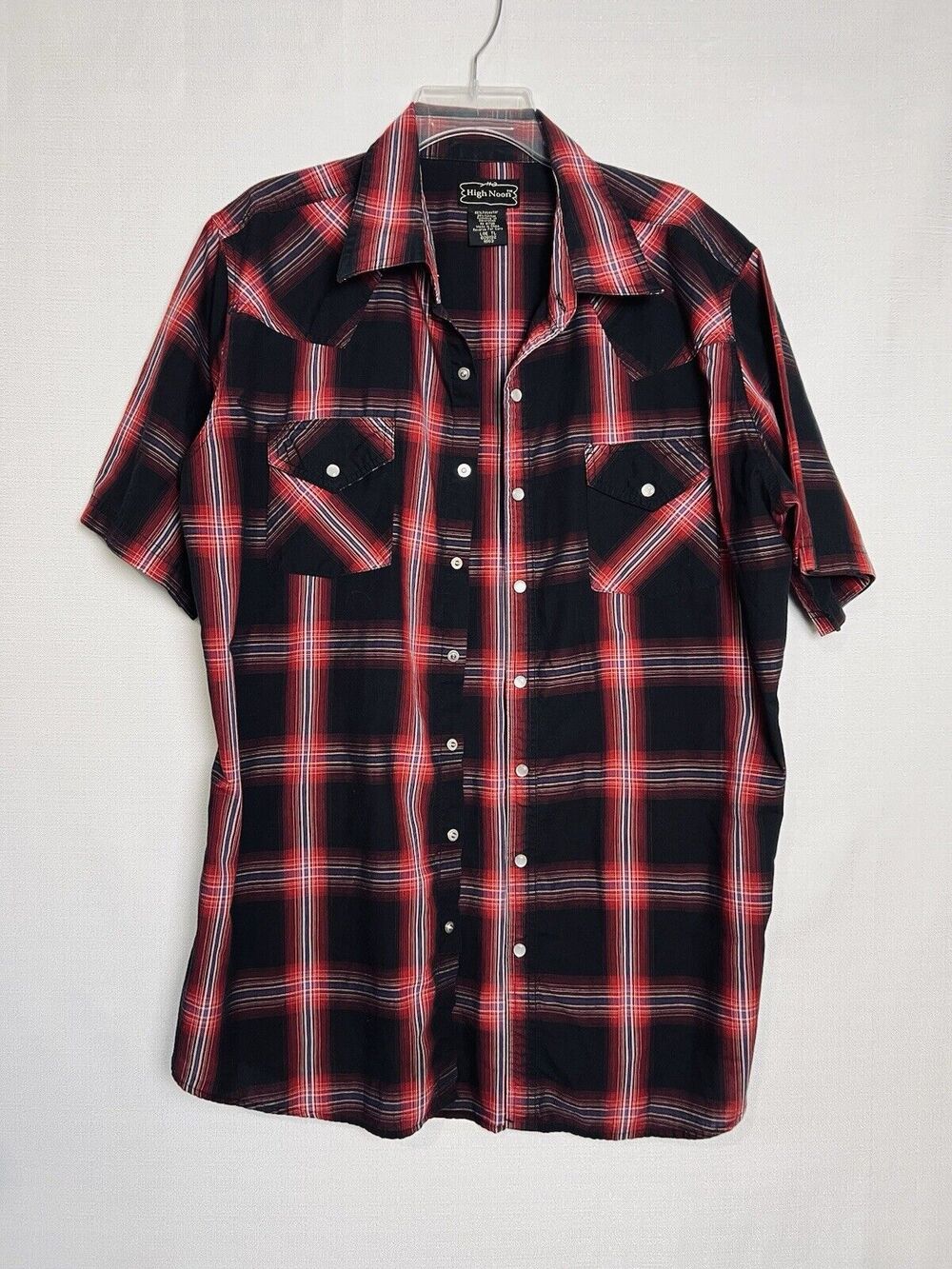 HIGH NOON Men's Large Tall Red Plaid Short Sleeve Pearl Snap Shirt Western